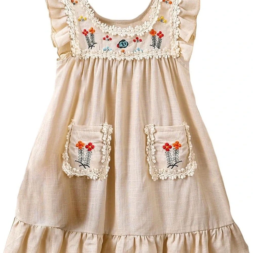 Soly Hux Toddler Girl's Floral Embroidered Cream Dress, Scoop Neck, Cap Sleeve. - Picture 1 of 6